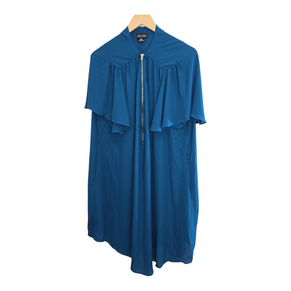 City Chic Teal Capelet Zip Front Dress Plus Size XL 22 Flutter Sleeve